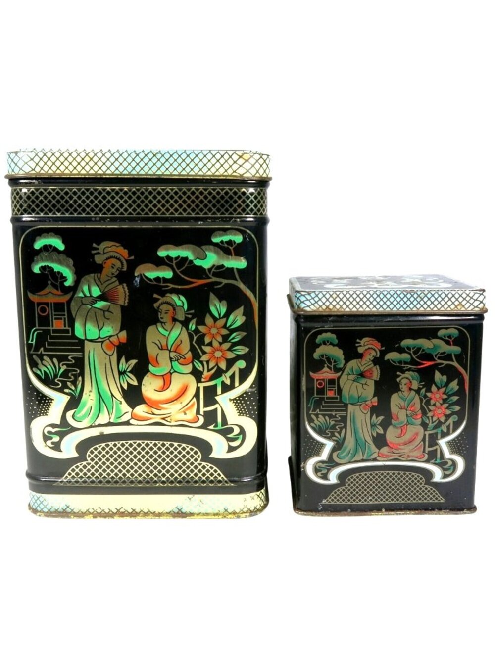 Chinoiserie Tole Tin Set of 2 Decorated Black Hinged Lid Box Vintage England